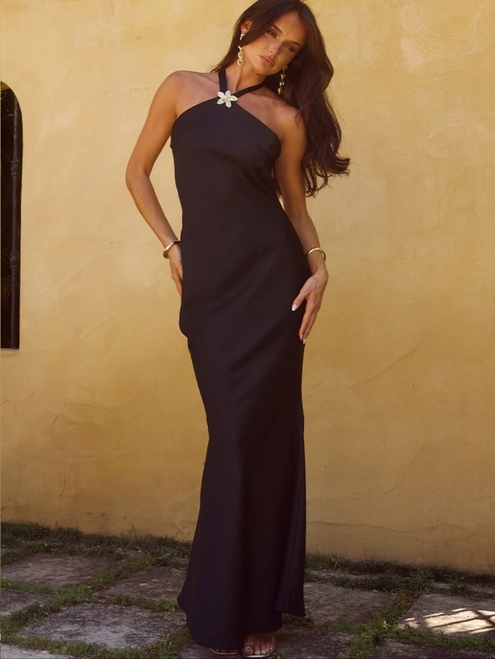 Runaway The Label Chara Low Cross Back Maxi Dress Black Halter Open Back Satin S